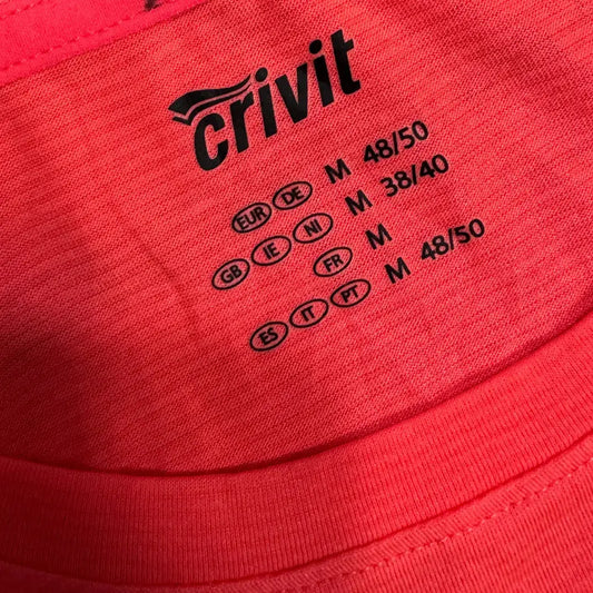 Bright red Crivit active T-shirt with a modern black striped chest panel for a sporty look.