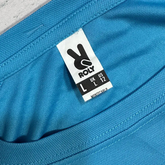Roly Montecarlo blue sports t-shirt with “C.F. Rafal” text at the back.