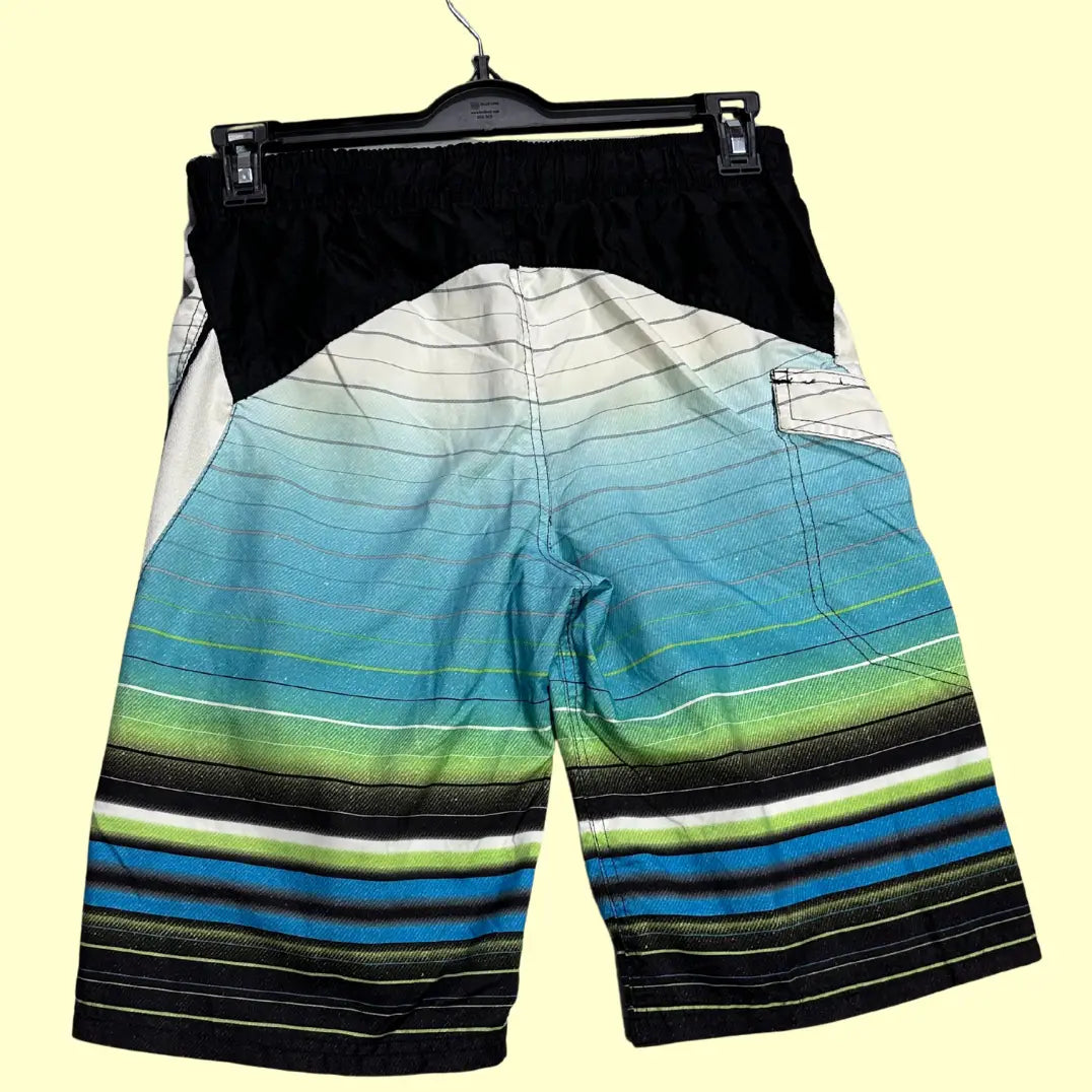 ZeroXposur ®striped board shorts in a stylish gradient of white, aqua blue, green, and black with fine line detailing.