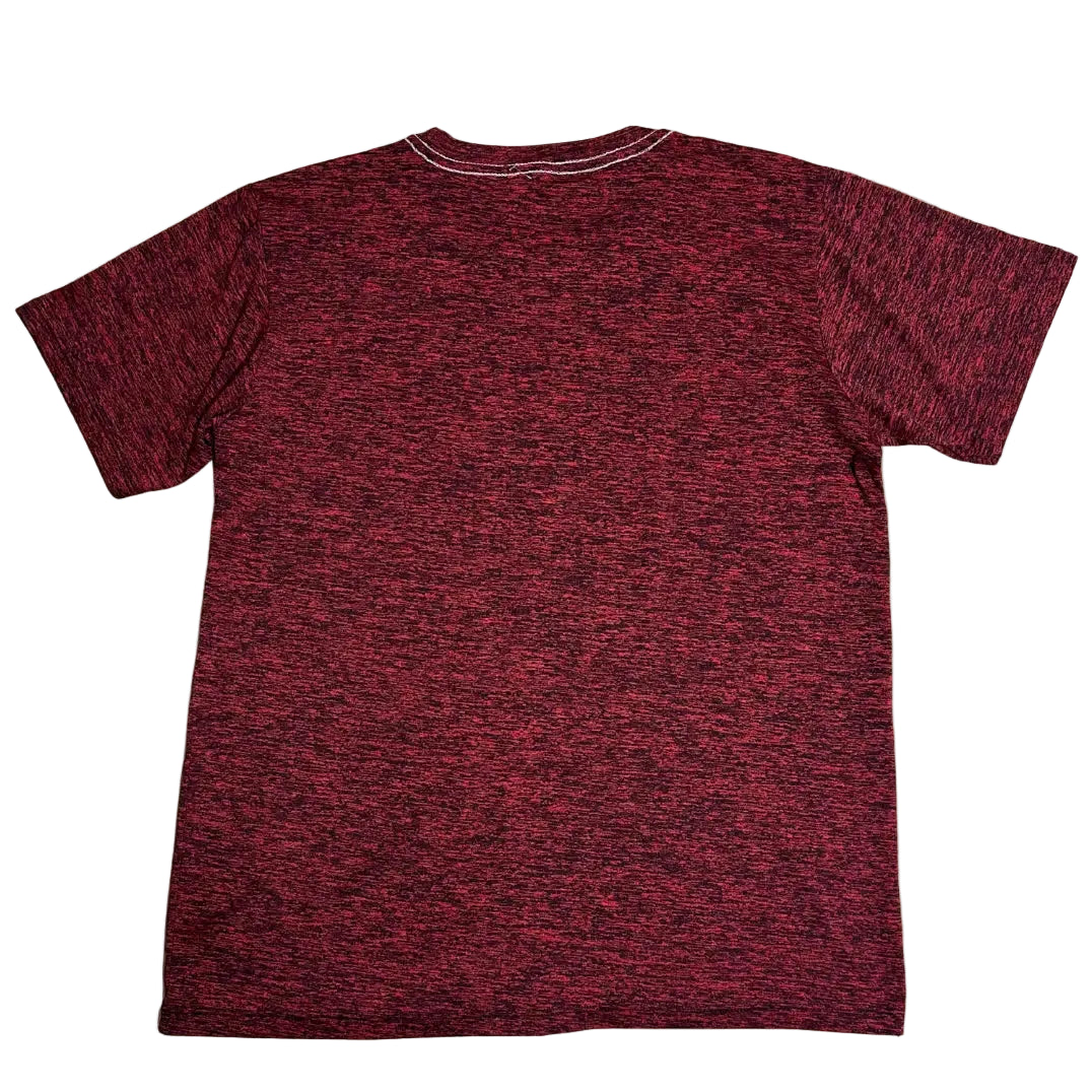 Adidas Originals red and black heathered t-shirt with the iconic Trefoil logo on the chest.