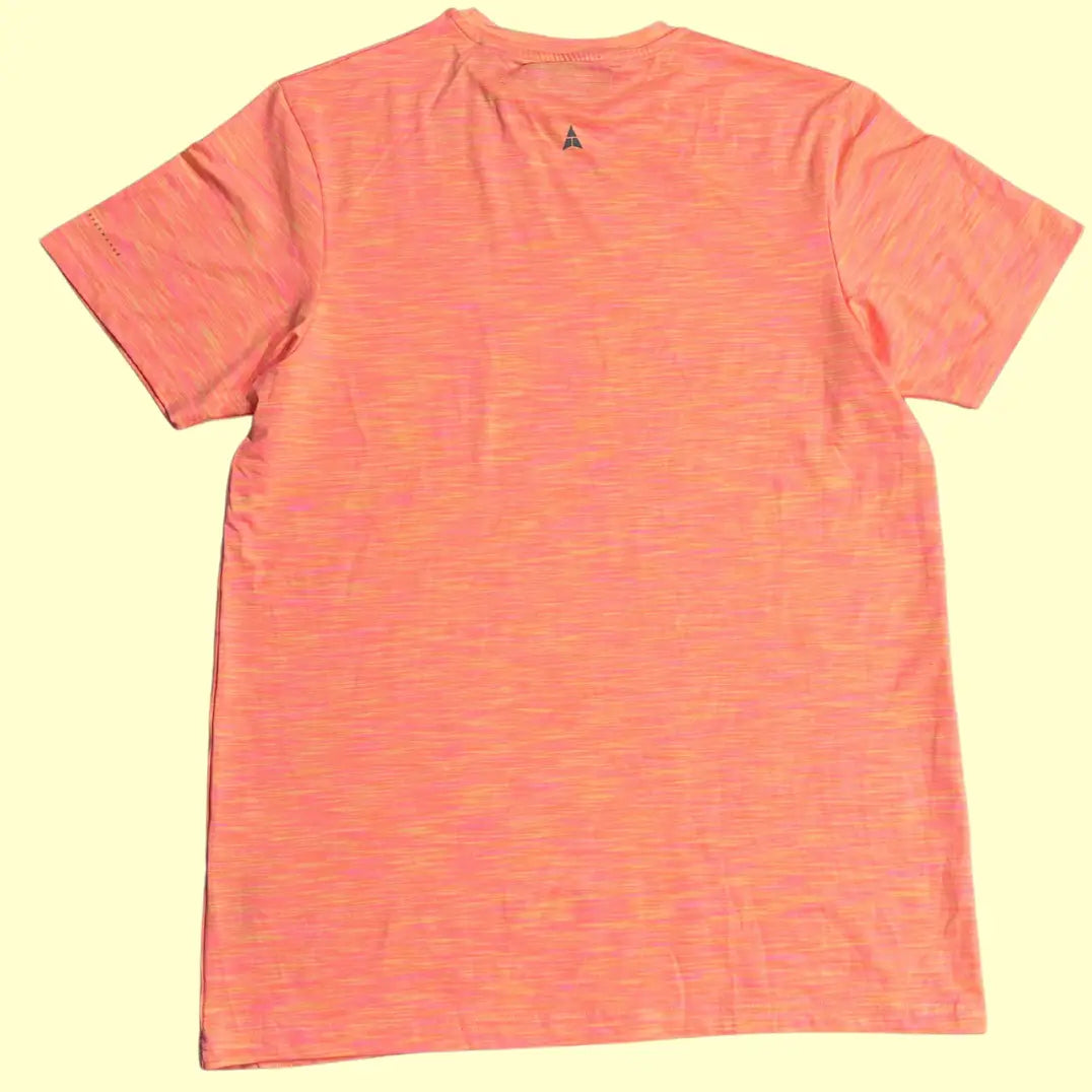 Technicals Outdoor Performance t-shirt in a bright coral-orange heather pattern.
