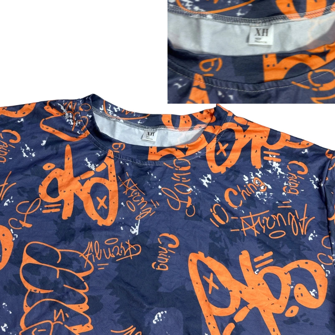 🎨 Navy Orange Graphic Casual T-Shirt(L)