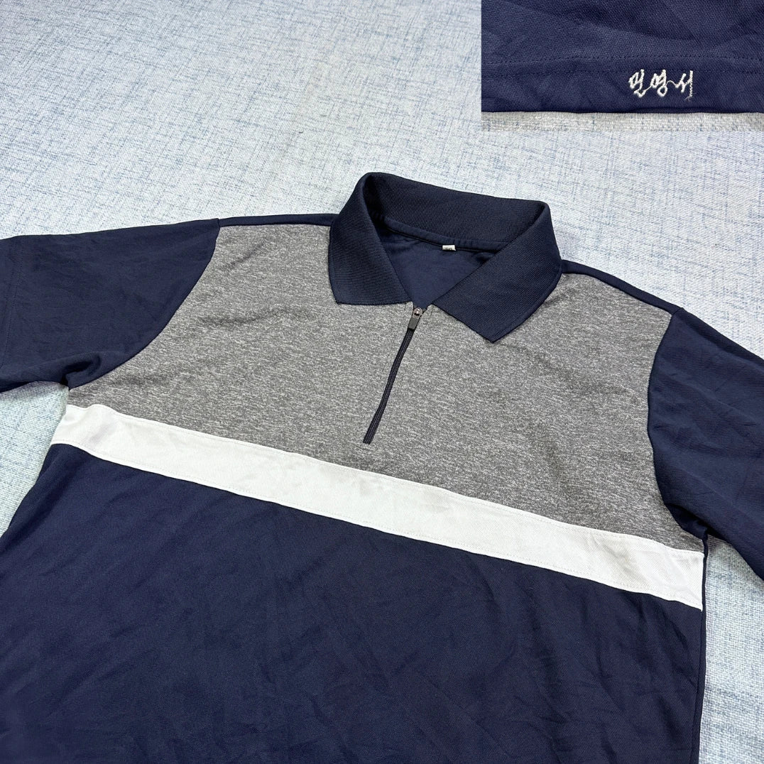 Navy Colour Block Zip Polo Shirt(S)