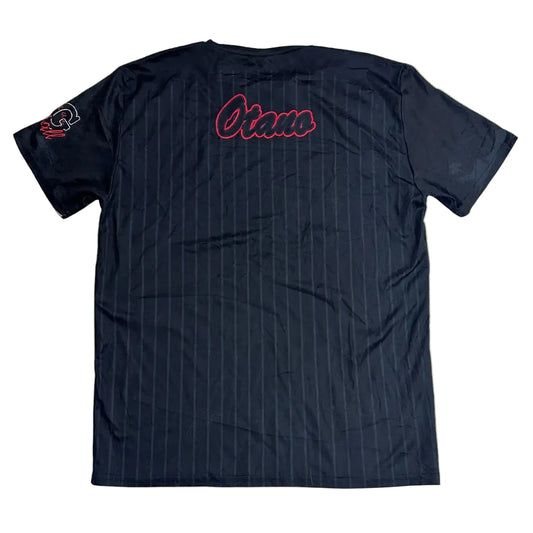 A stylish black jersey tee with a pinstripe design and bold red “Dirty Queens” lettering on the front