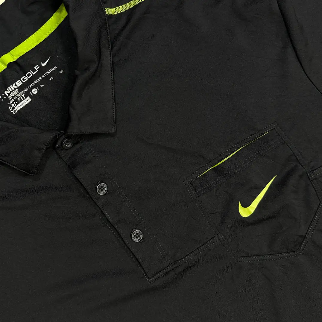 Nike Golf Men’s Dri-FIT Polo Shirt in black with neon green detailing.