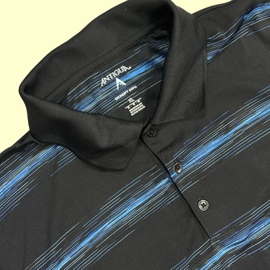 Antigua Men’s Desert Dry Performance Polo Shirt in black with blue stripe pattern.