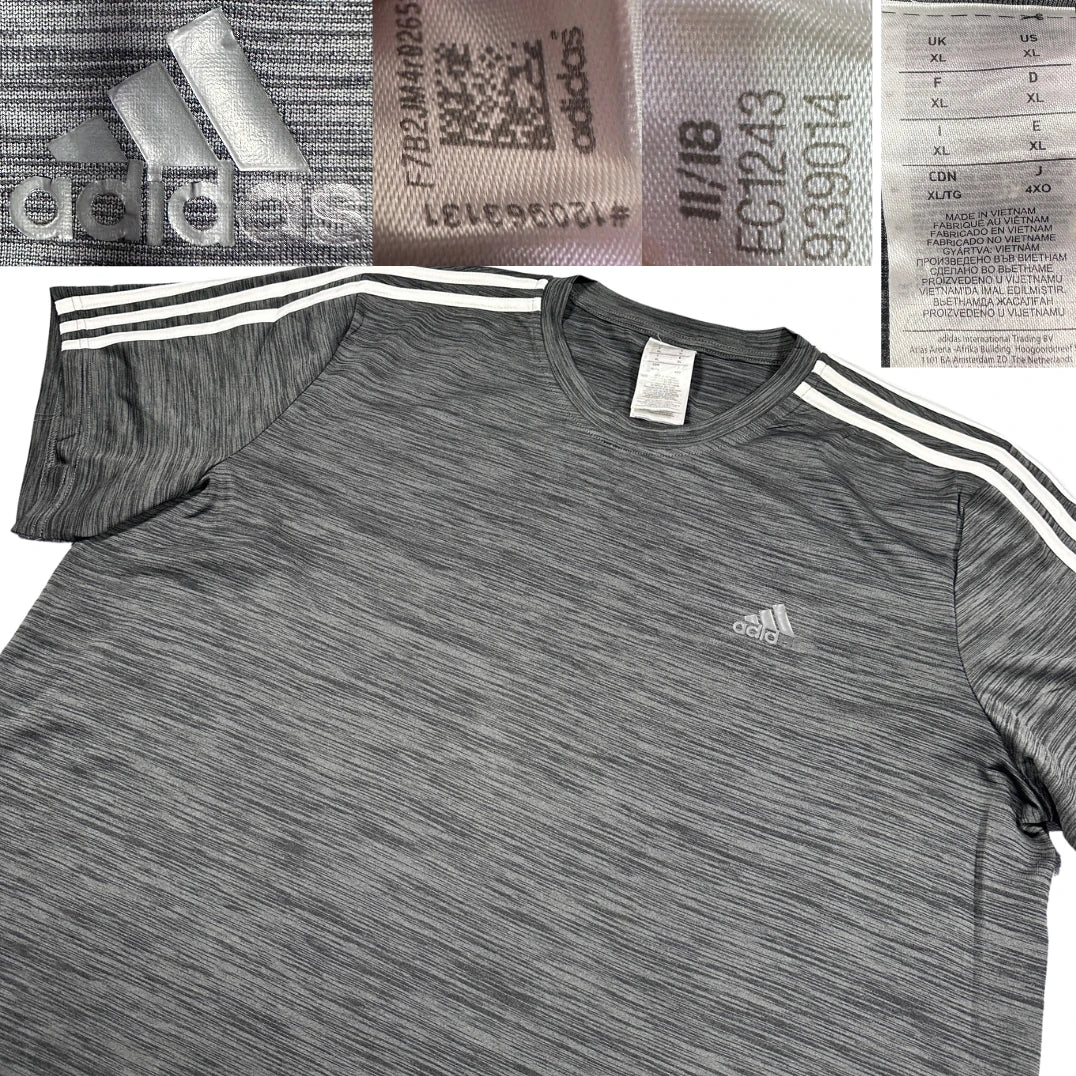 Adidas® Grey Heather Three Stripe Performance T Shirt-XL