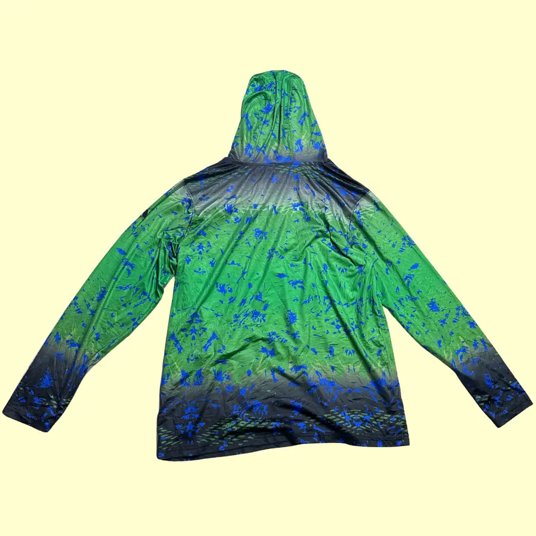 Koofin Gear performance hoodie in a vibrant green and blue pattern.