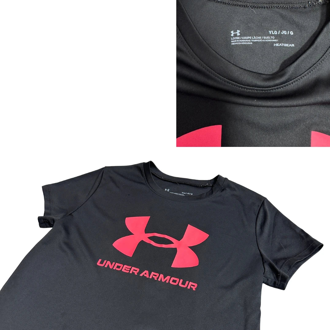 ⚫ Under Armour HeatGear T-Shirt (Black/Pink Logo) – YLG