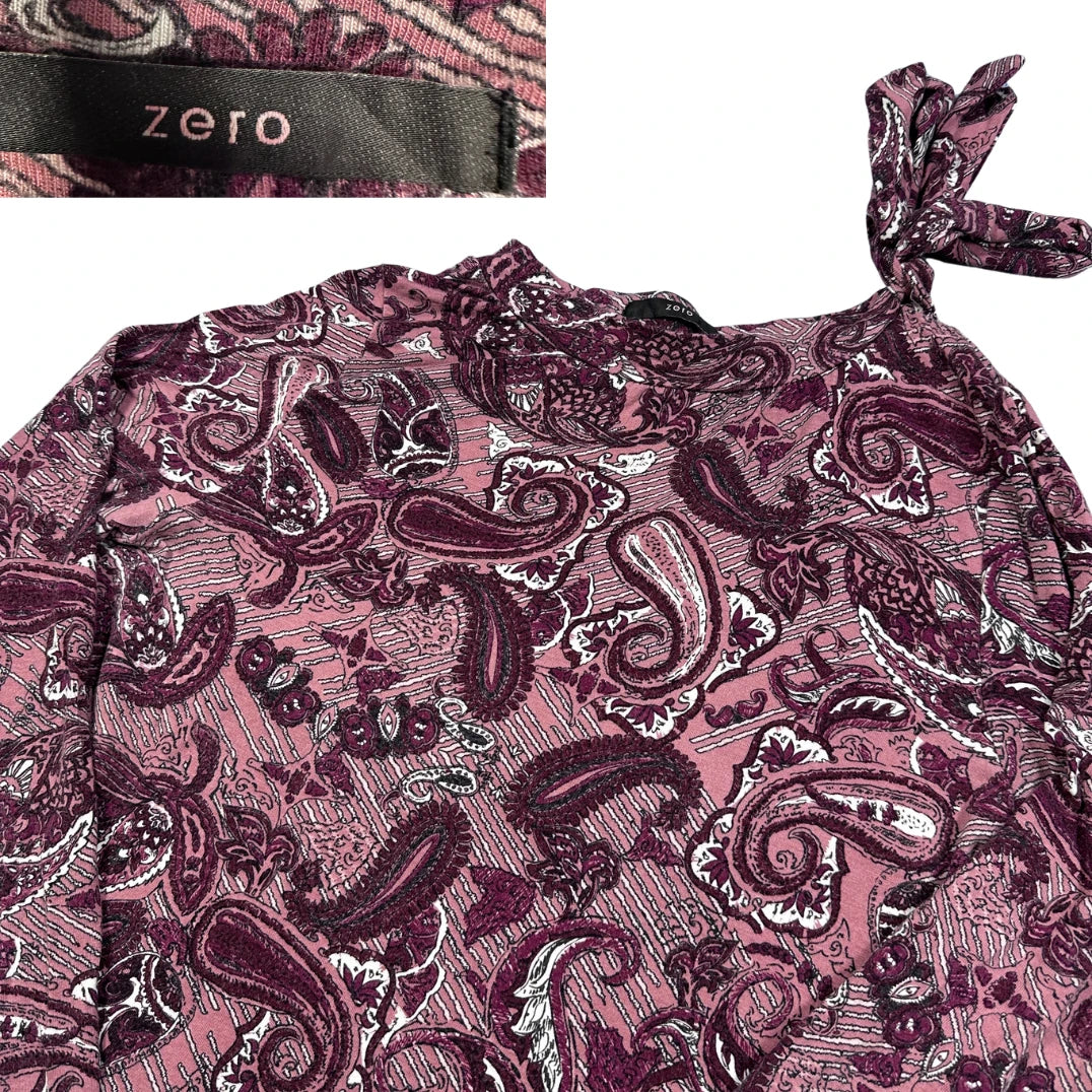 Zero® Plum Paisley Tie Shoulder Long Sleeve Top-M
