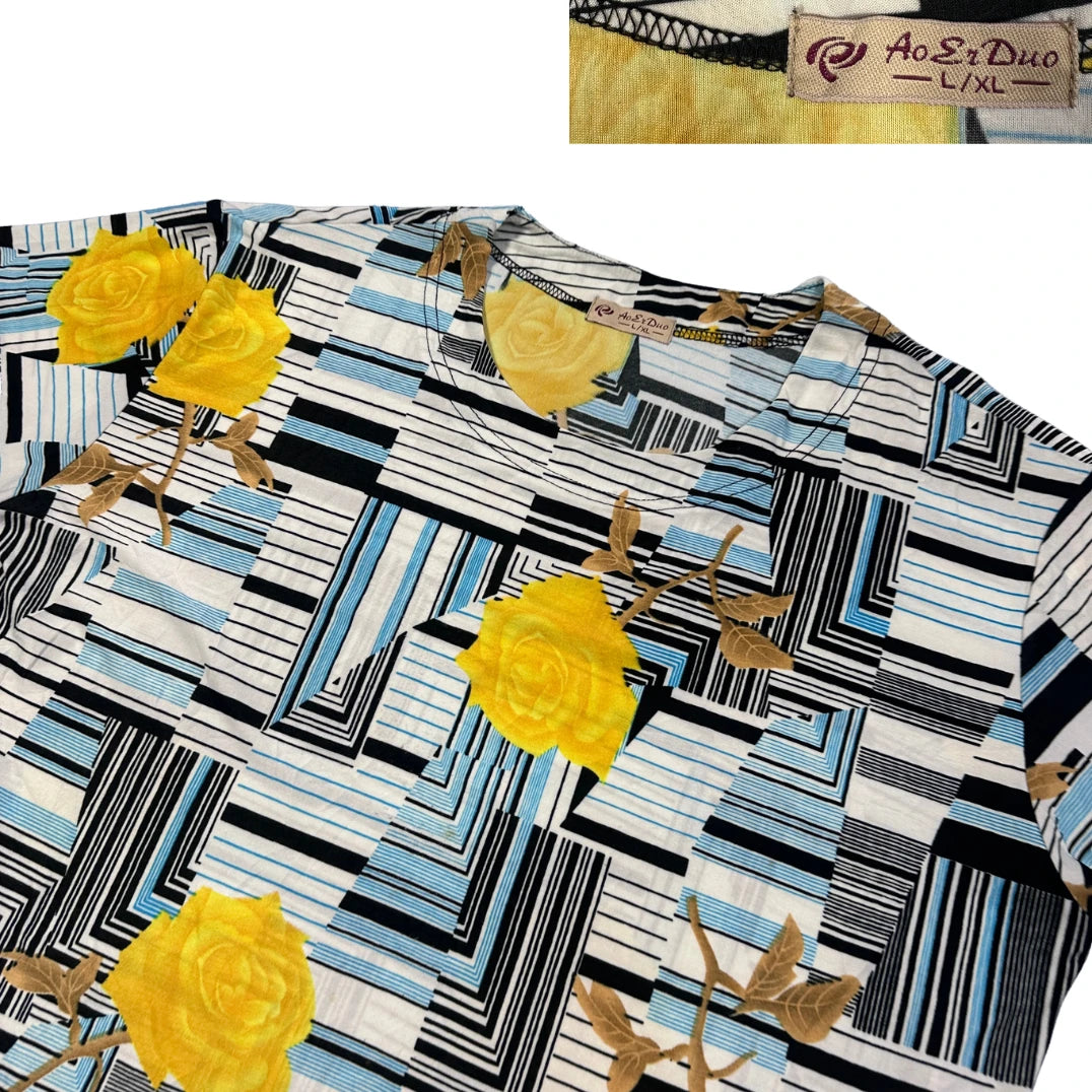 Blue Yellow Rose Geometric Print T Shirt-L/XL