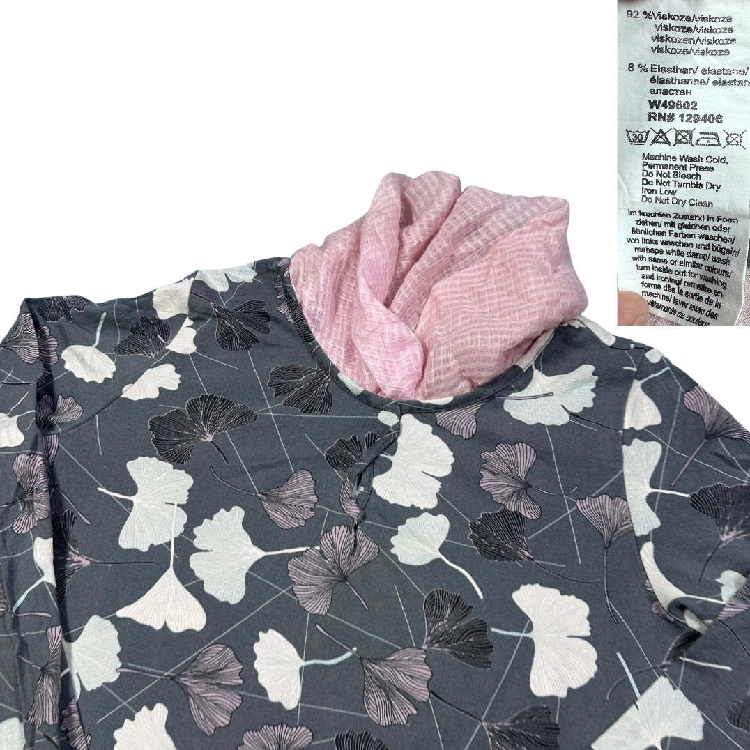 Grey Ginkgo Print Cowl Neck Top-M