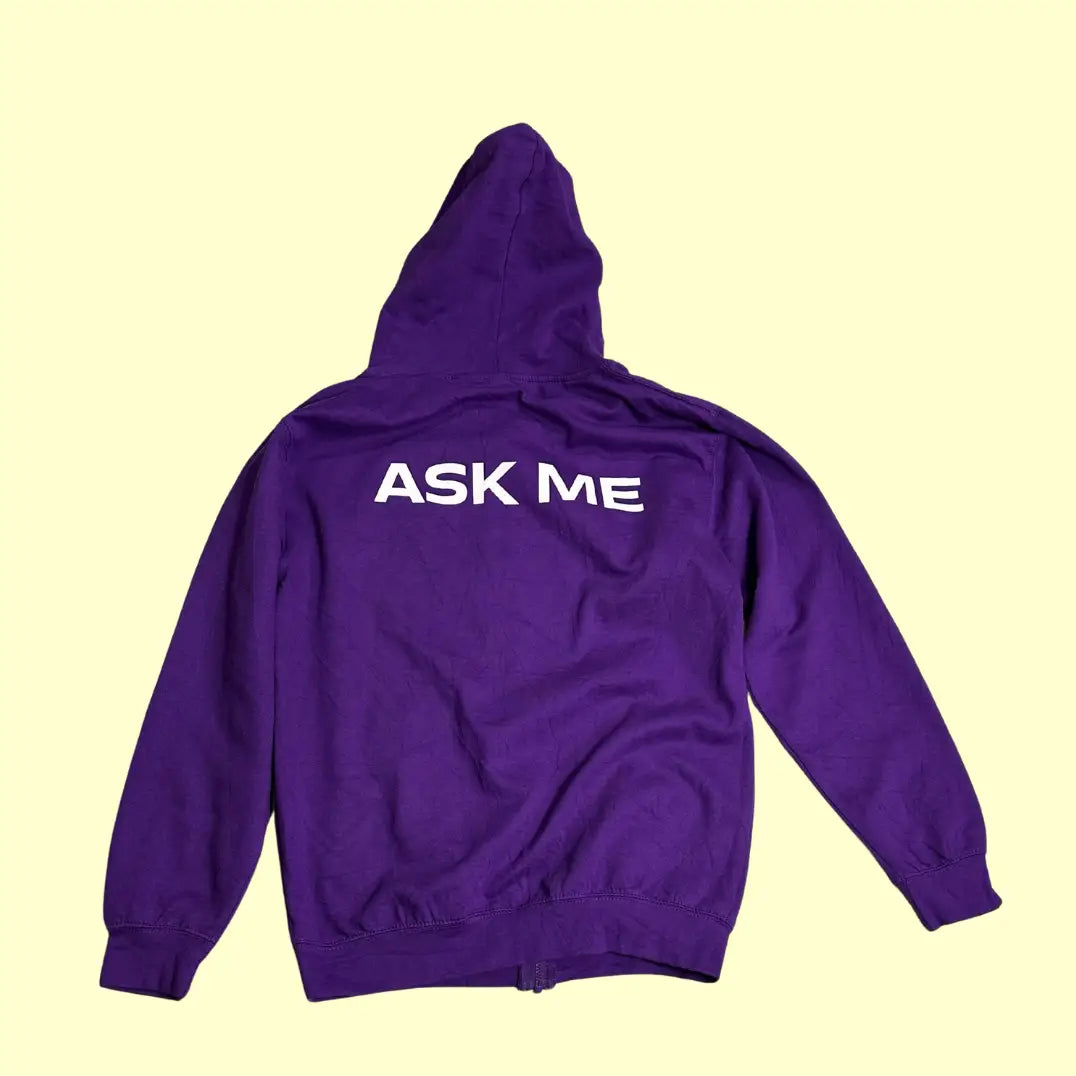 💜 University of Portsmouth “ASK ME” Purple Zip-Up Hoodie – Medium