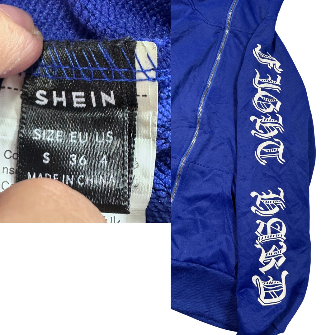SHEIN® Blue Gothic Print Zip Hoodie-S