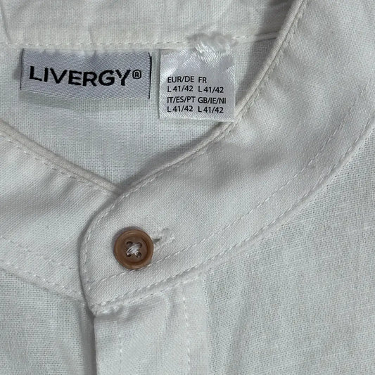 ๐ค Livergy Menโs Linen-Blend Band Collar Shirt โ White