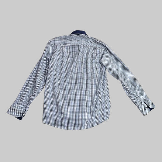 🔵 Tommy Hilfiger Men's Checkered Long Sleeve Shirt – Navy Collar Detail|CHEST 20