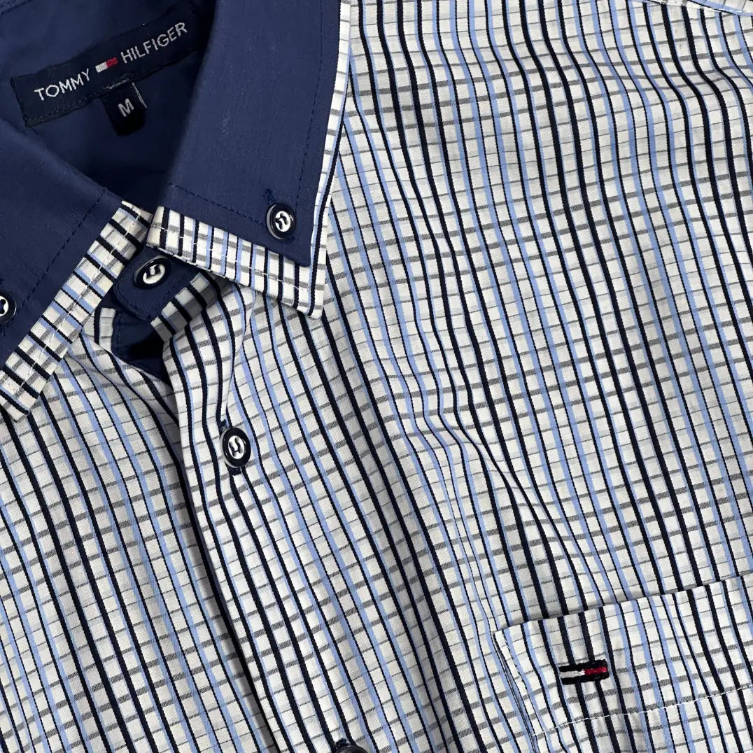 π΅ Tommy Hilfiger Men's Checkered Long Sleeve Shirt β Navy Collar Detail