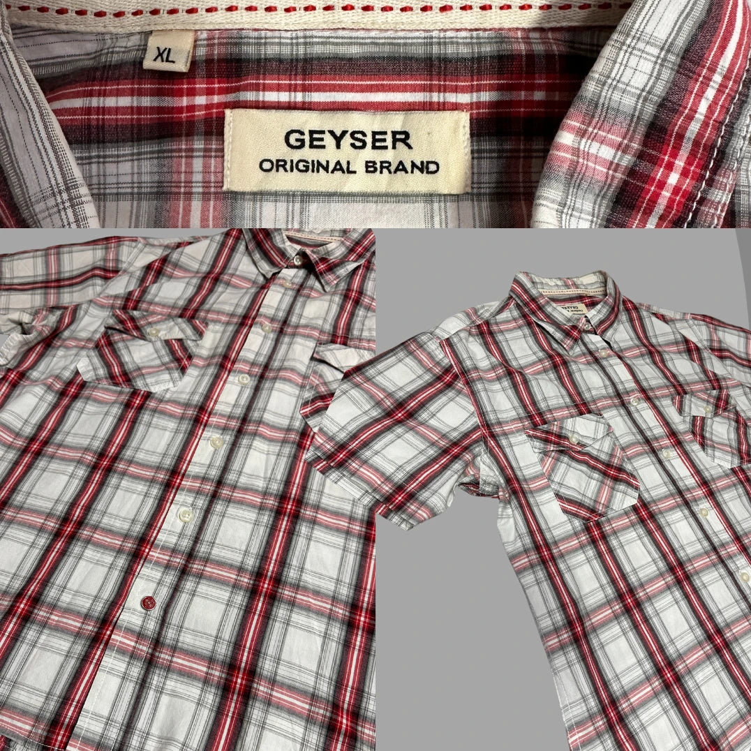 GEYSER ® Casual short sleeve checkered shirt with a bold red grey and white pattern|CHEST 23
