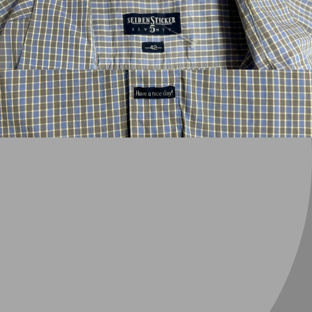 Smart casual short sleeve checkered shirt with a soft blue and beige tone|CHEST 25