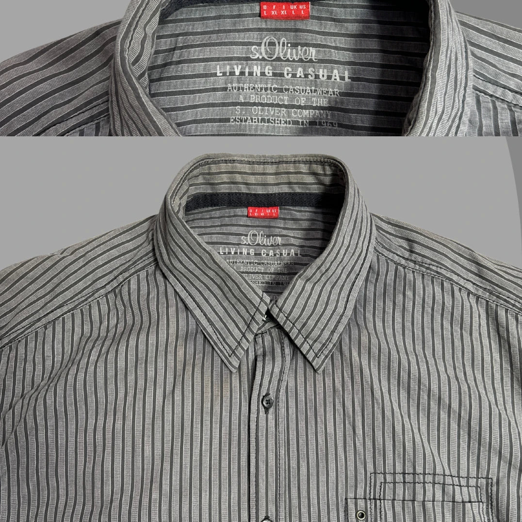 s.Oliver Men’s Grey Pinstripe Casual Button-Down Shirt|CHEST 23