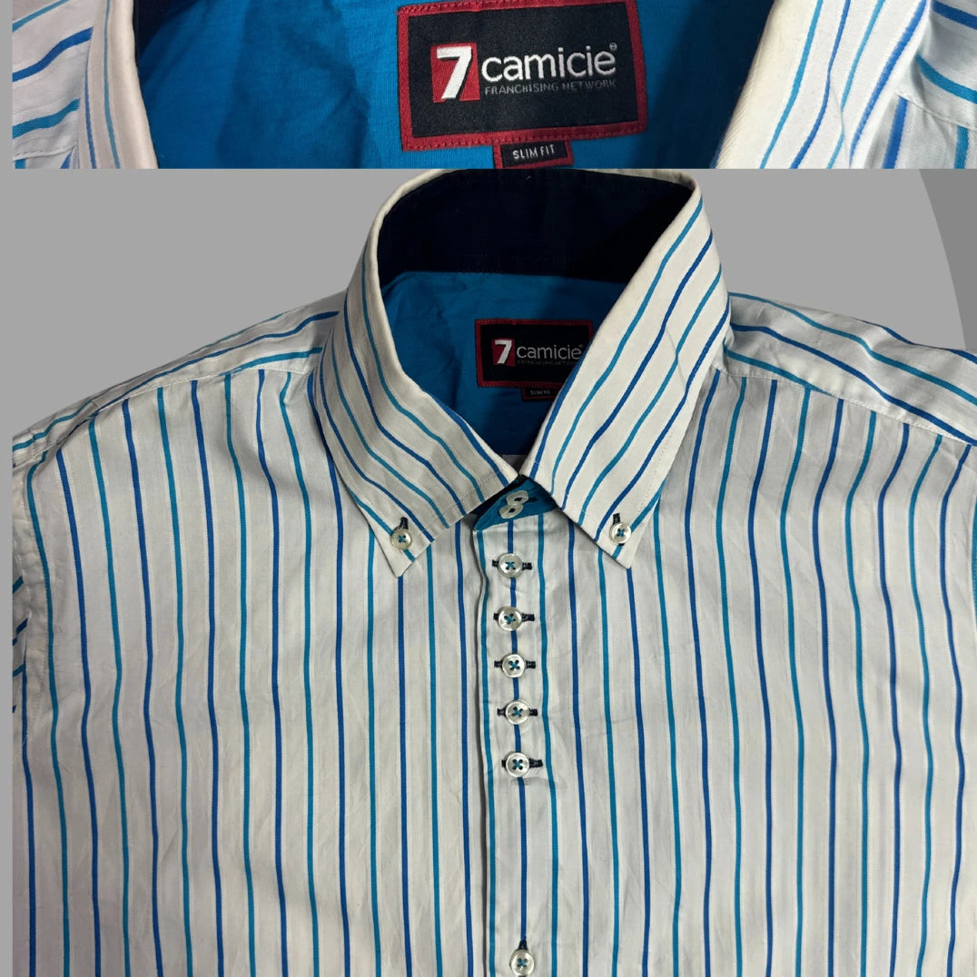 7camicie White & Blue Pinstripe Slim Fit Button-Down Shirt 👔|CHEST 22.5