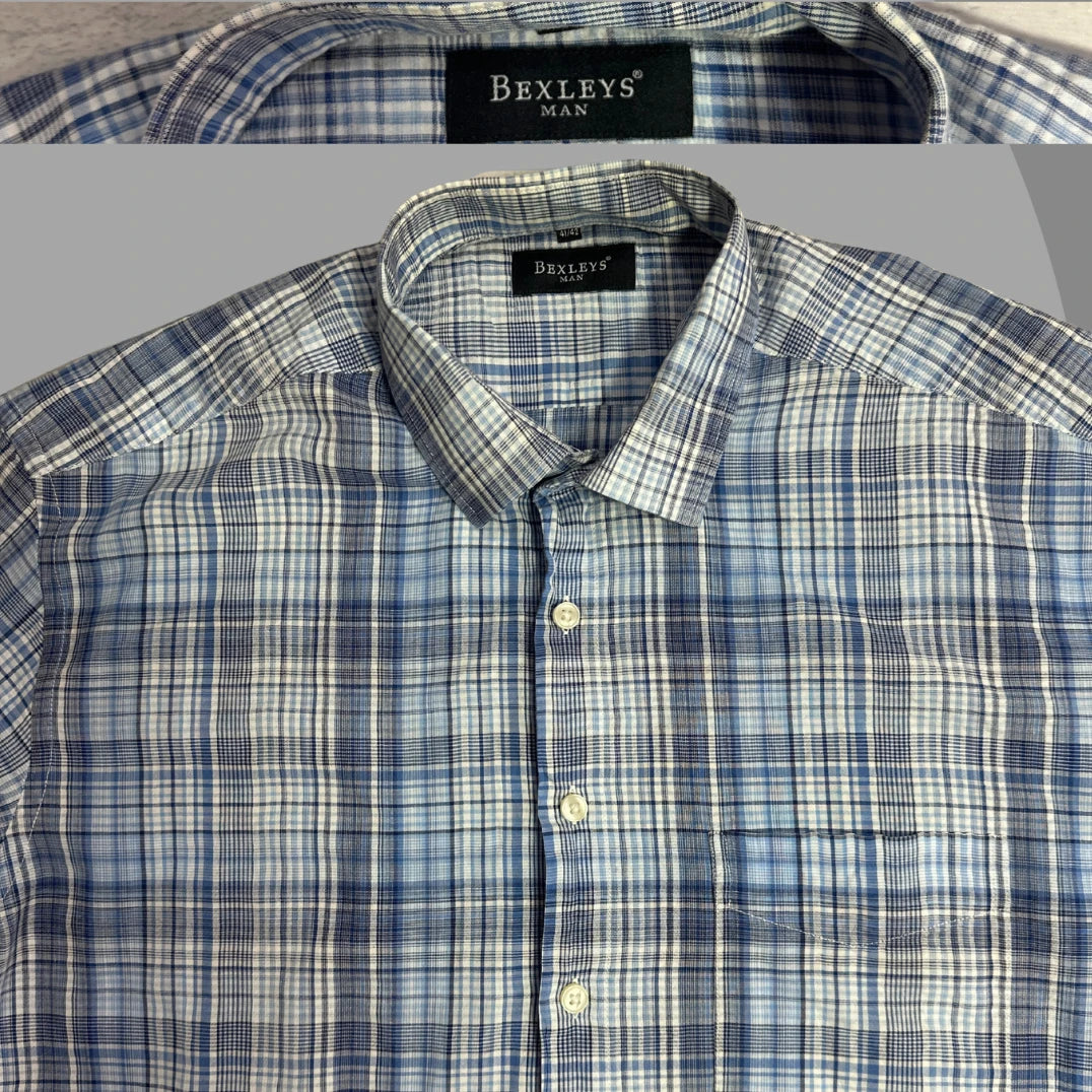 Bexleys Man Blue & White Checked Short Sleeve Button-Down Shirt 👕💙|CHEST 24