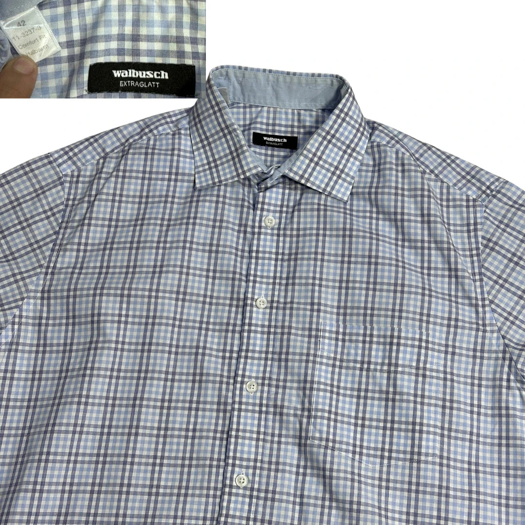 Walbusch® Blue Check Short Sleeve Shirt (XL)