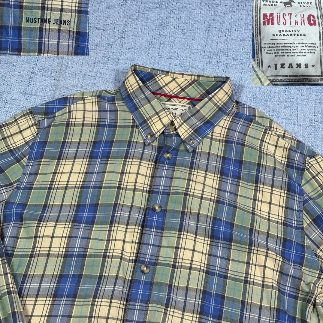 Mustang® Blue Plaid Button-Down Shirt(XL)