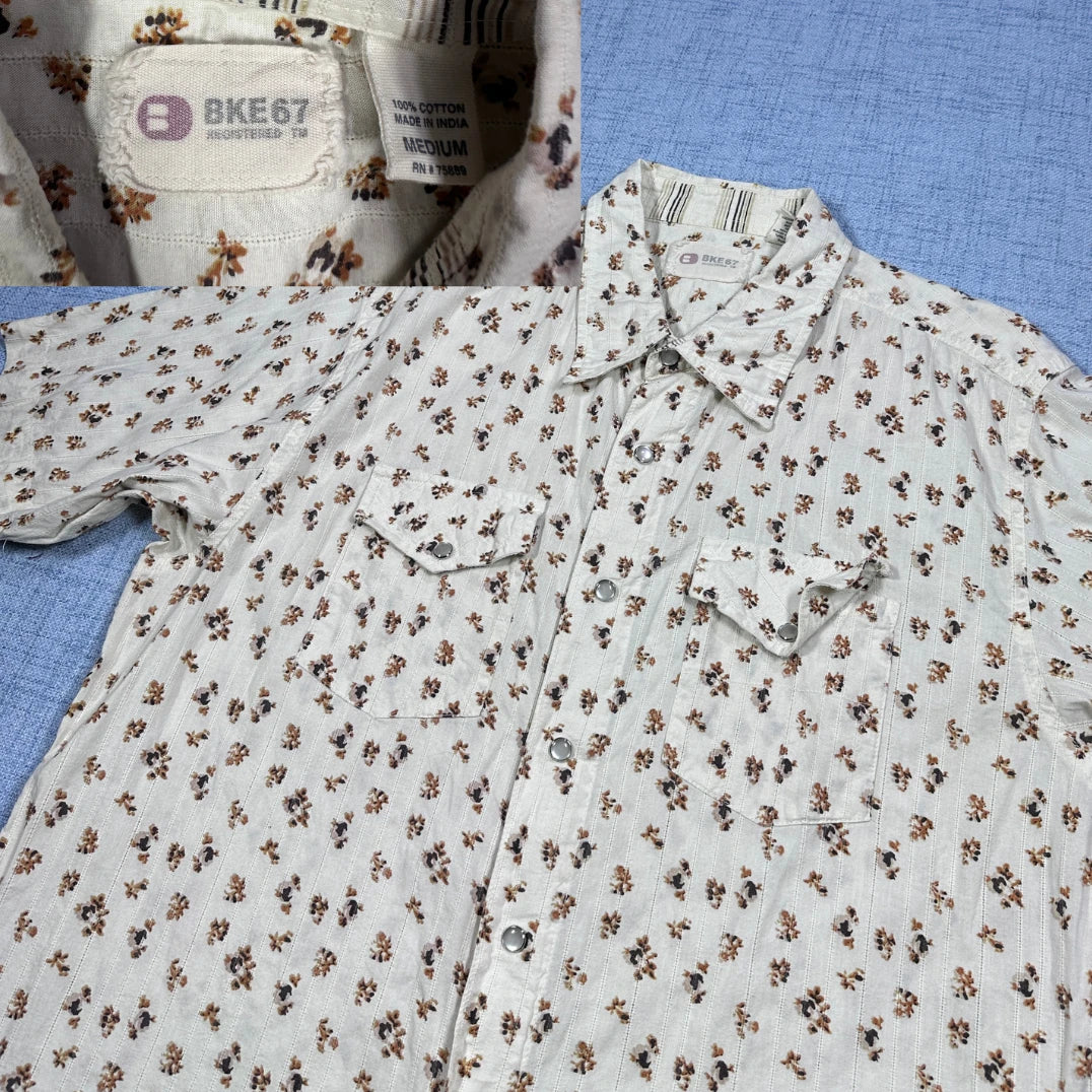 BKE67® White Floral Short Sleeve Shirt (M)