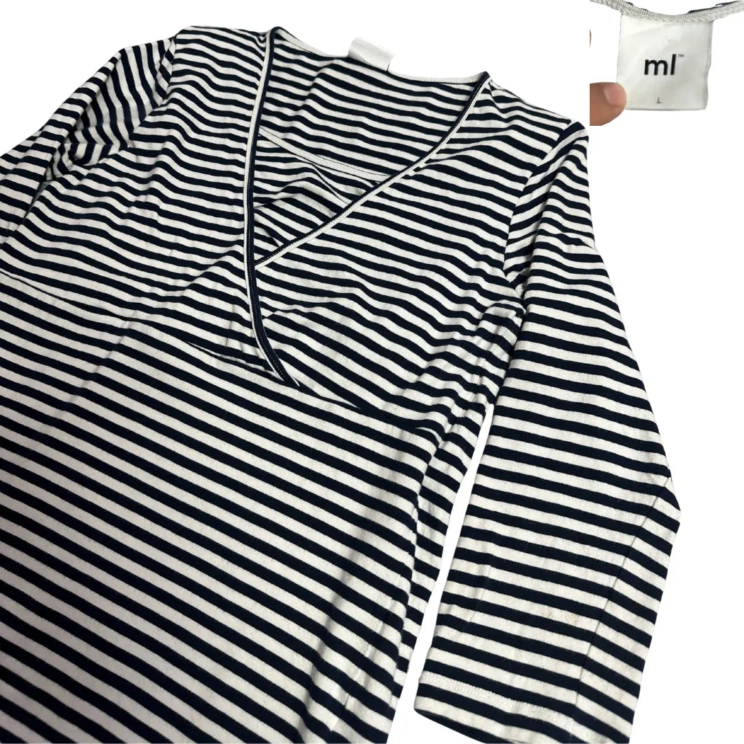 ML Striped Wrap Neck Long Sleeve Top 🤍