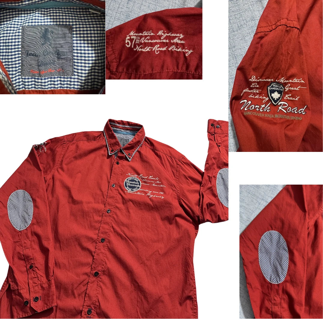 Jeans Carrier® Brick Red Embroidered Casual Button-Up Shirt(XL)