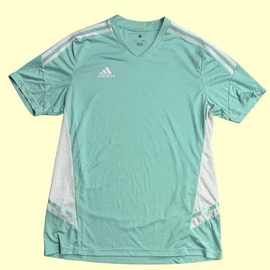 Adidas sports T-shirt in a refreshing mint green with white accents.