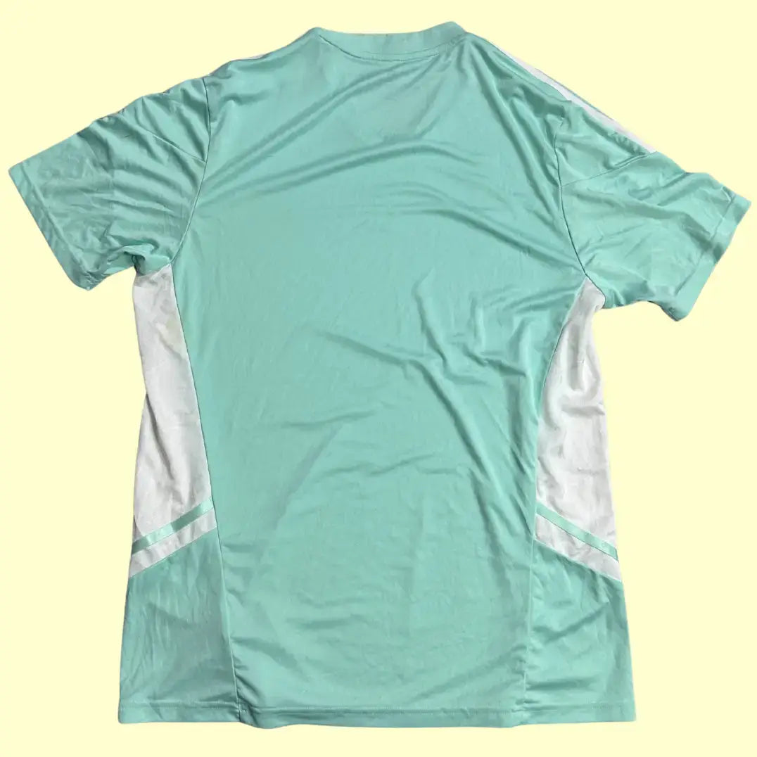 Adidas sports T-shirt in a refreshing mint green with white accents.