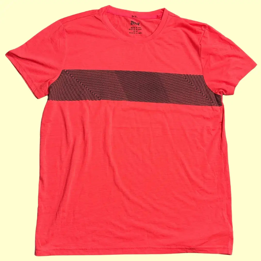 Bright red Crivit active T-shirt with a modern black striped chest panel for a sporty look.
