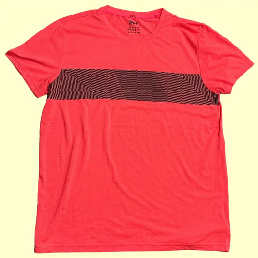 Bright red Crivit active T-shirt with a modern black striped chest panel for a sporty look.