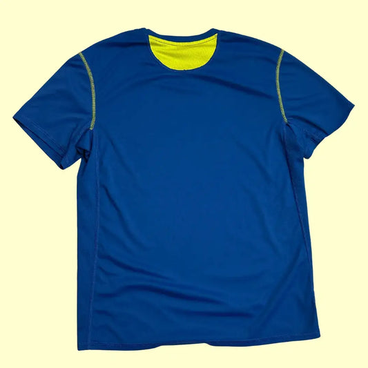 Domyos blue sports t-shirt with neon details and bold front text.