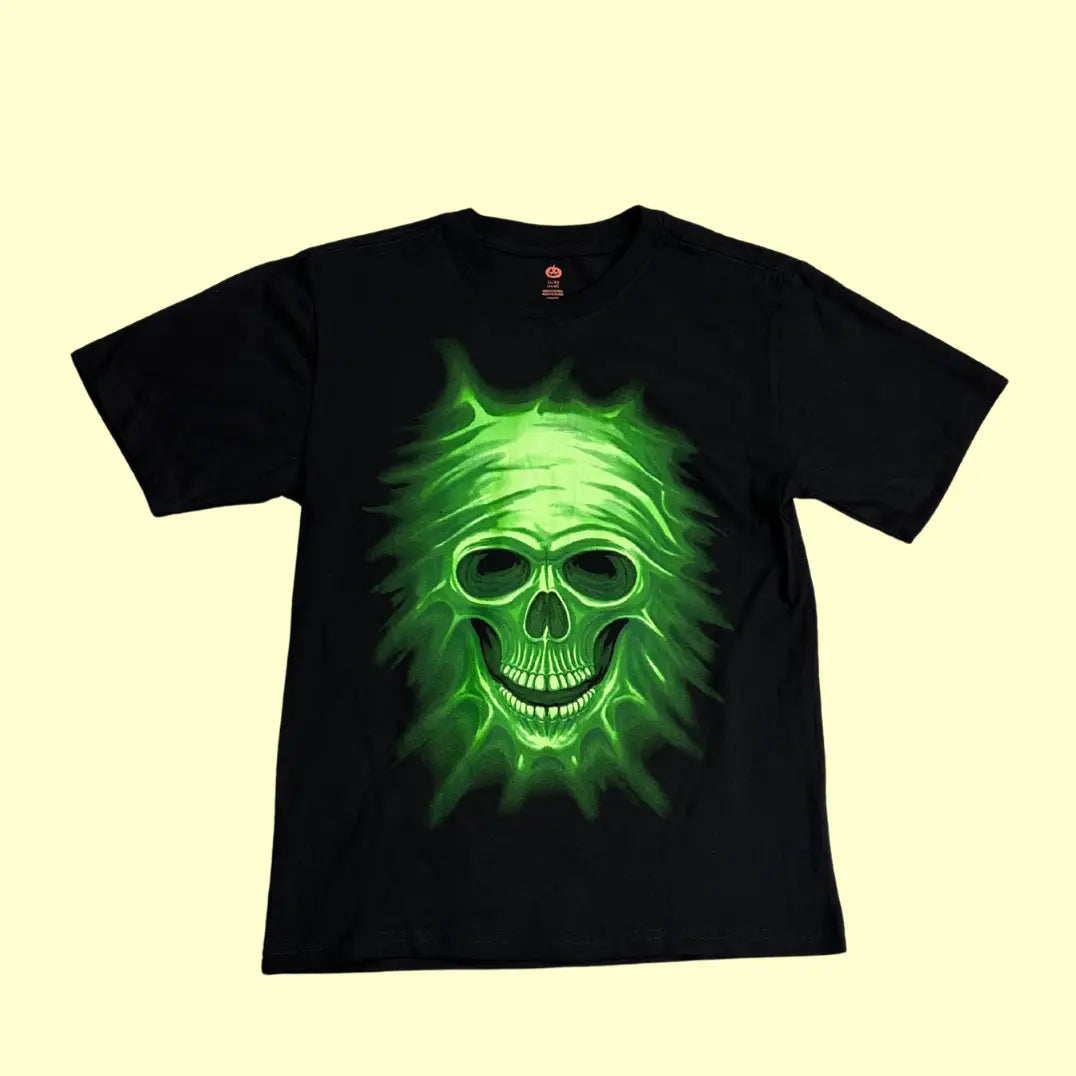 💀 Neon Green Skull Flame Graphic Tee – Black