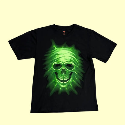 💀 Neon Green Skull Flame Graphic Tee – Black