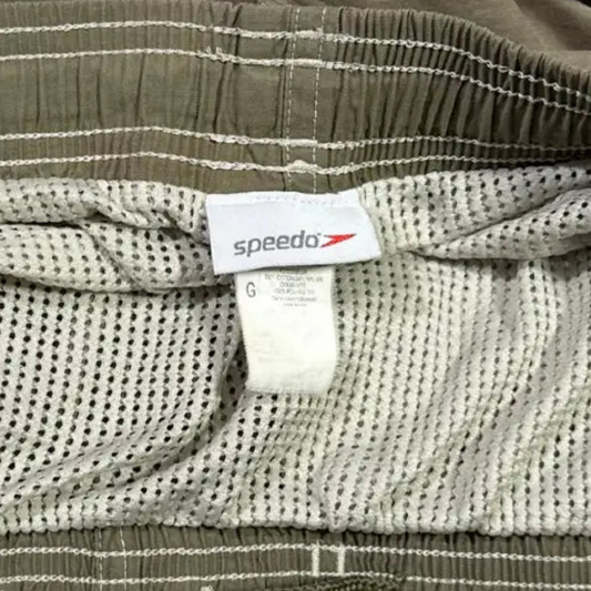 Speedo ®beach-themed swim shorts in olive green with scenic palm tree and ocean print side panels.