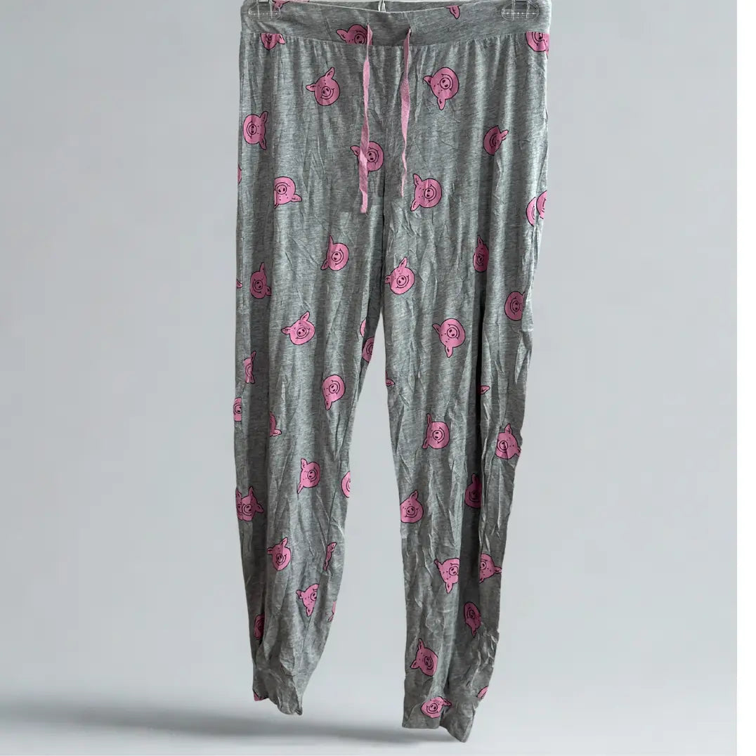Grey Pig-Patterned Pajama Pants