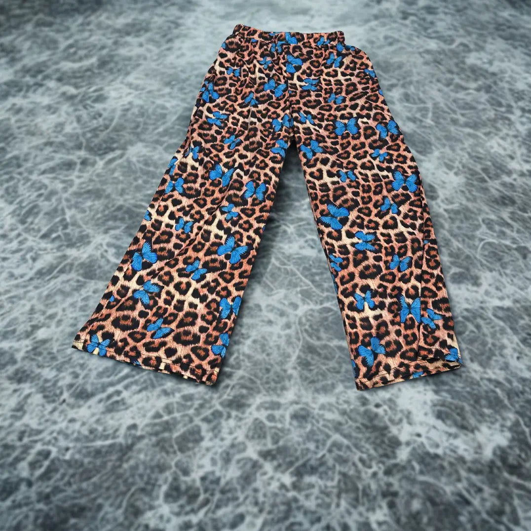 Leopard Print Pajama Pants with Blue Butterflies