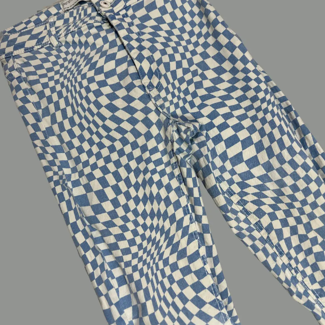 Bershka® Blue & White Checkered High-Rise Pants