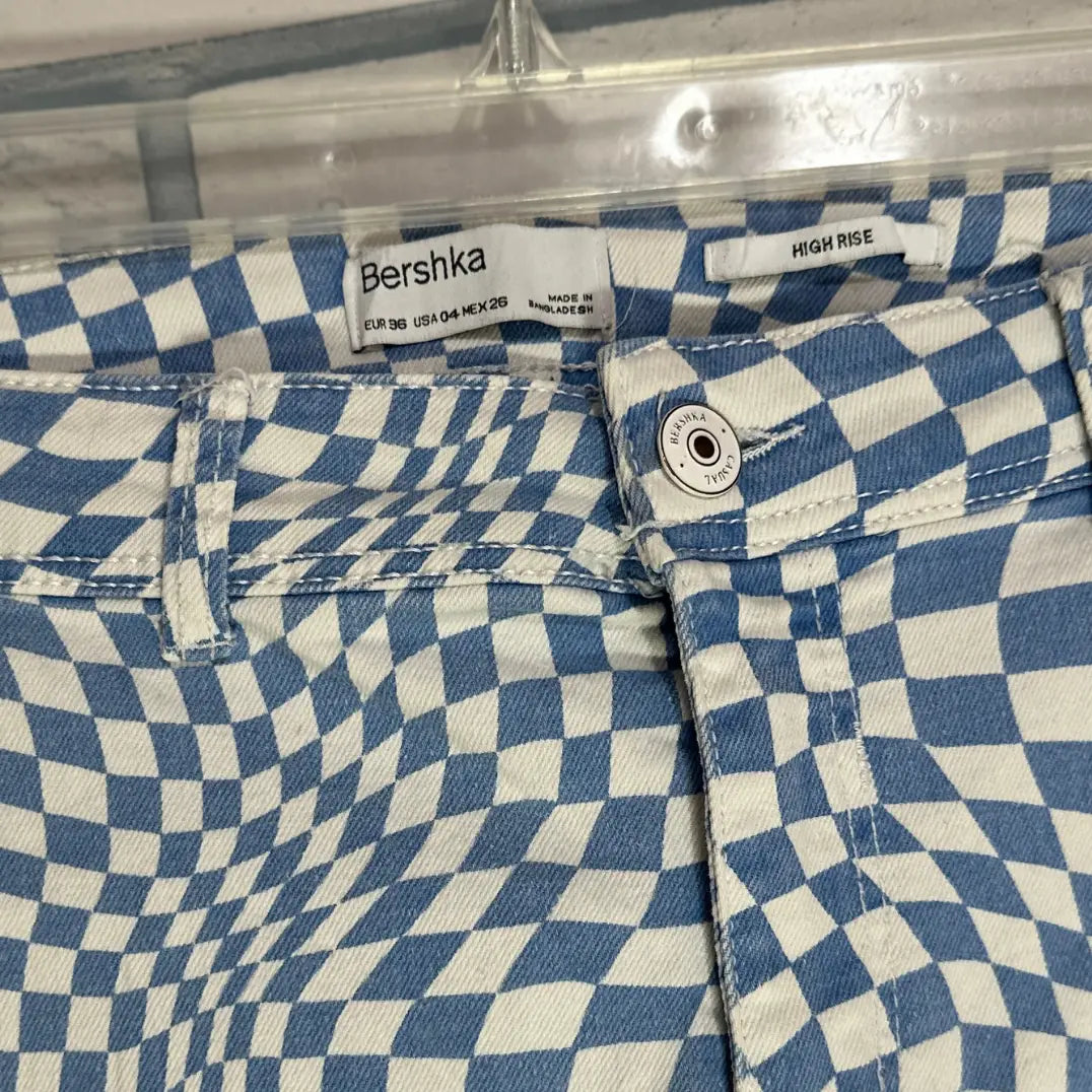 Bershka® Blue & White Checkered High-Rise Pants