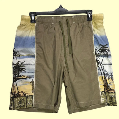 Speedo ®beach-themed swim shorts in olive green with scenic palm tree and ocean print side panels.