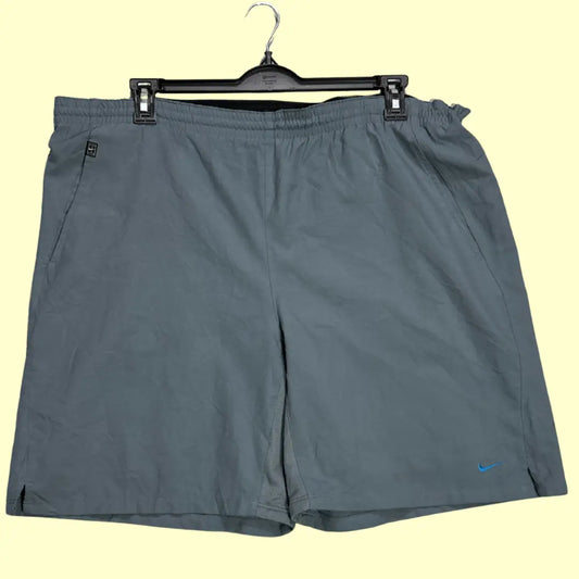 Nike® Dri-FIT training shorts in sleek grey with a subtle blue embroidered swoosh logo.