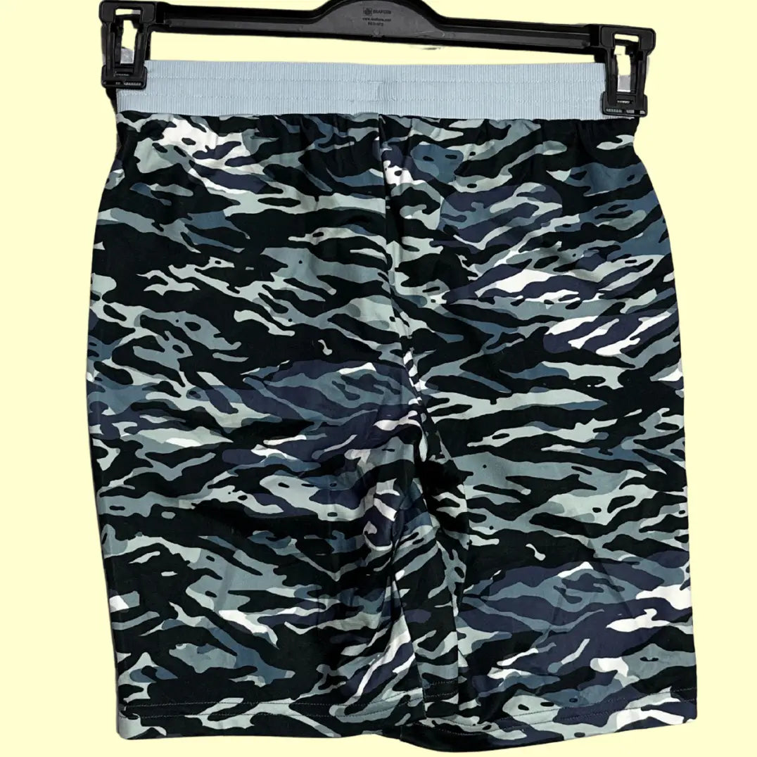 Under Armour® camo print performance shorts in a striking black, grey, and blue camouflage design