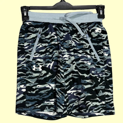 Under Armour® camo print performance shorts in a striking black, grey, and blue camouflage design