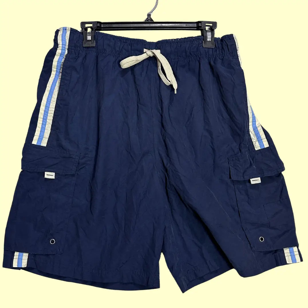 No Boundaries® navy blue cargo swim shorts with striped detailing on the sides and hems