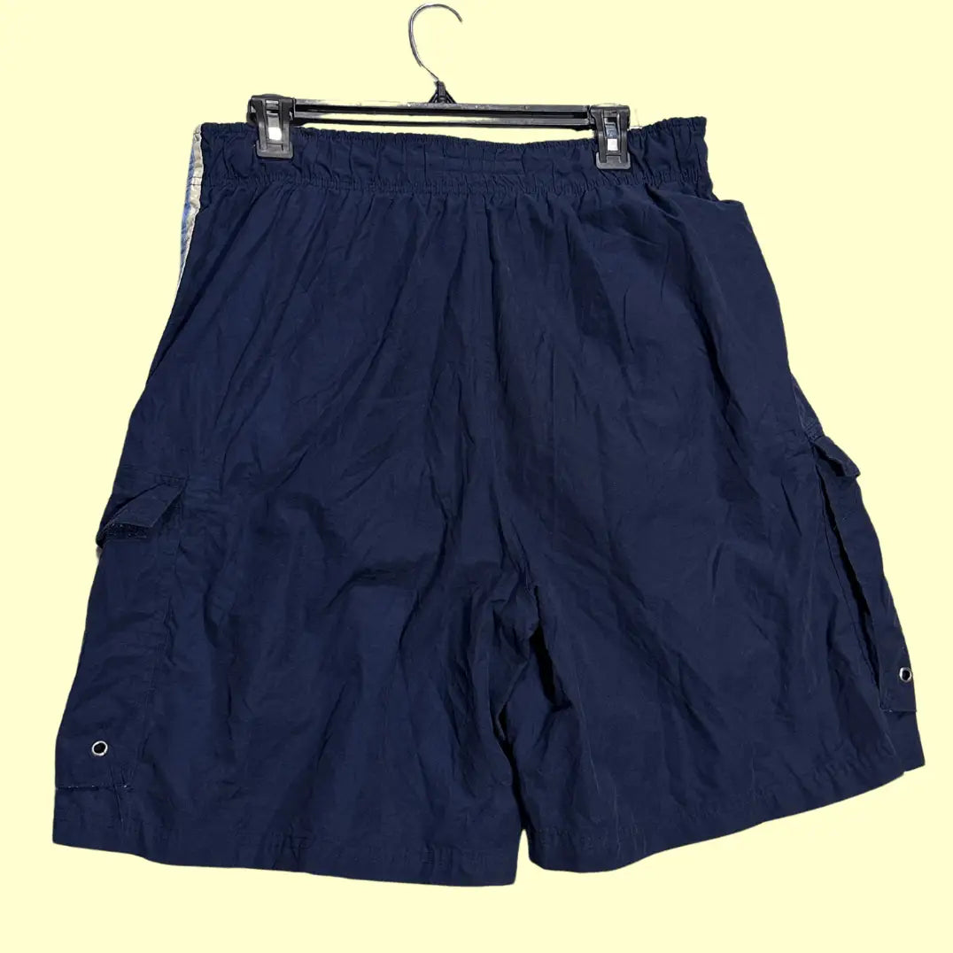 No Boundaries® navy blue cargo swim shorts with striped detailing on the sides and hems