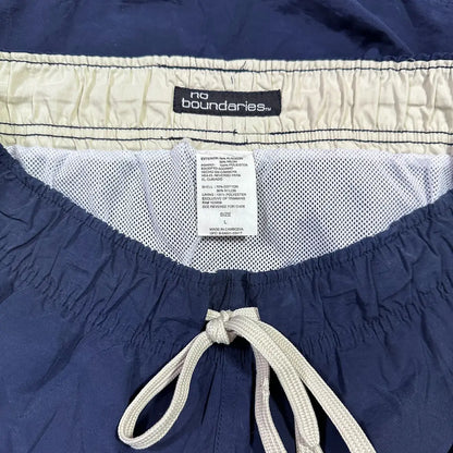 No Boundaries® navy blue cargo swim shorts with striped detailing on the sides and hems